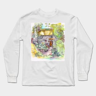 Thatched Cottage Watercolour and Ink Painting Long Sleeve T-Shirt